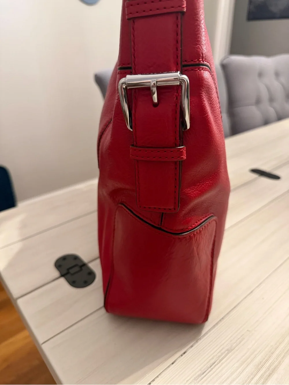 Michael Kors Red Genuine Leather Hobo Shoulder Bag MK Charm Silver Hardware